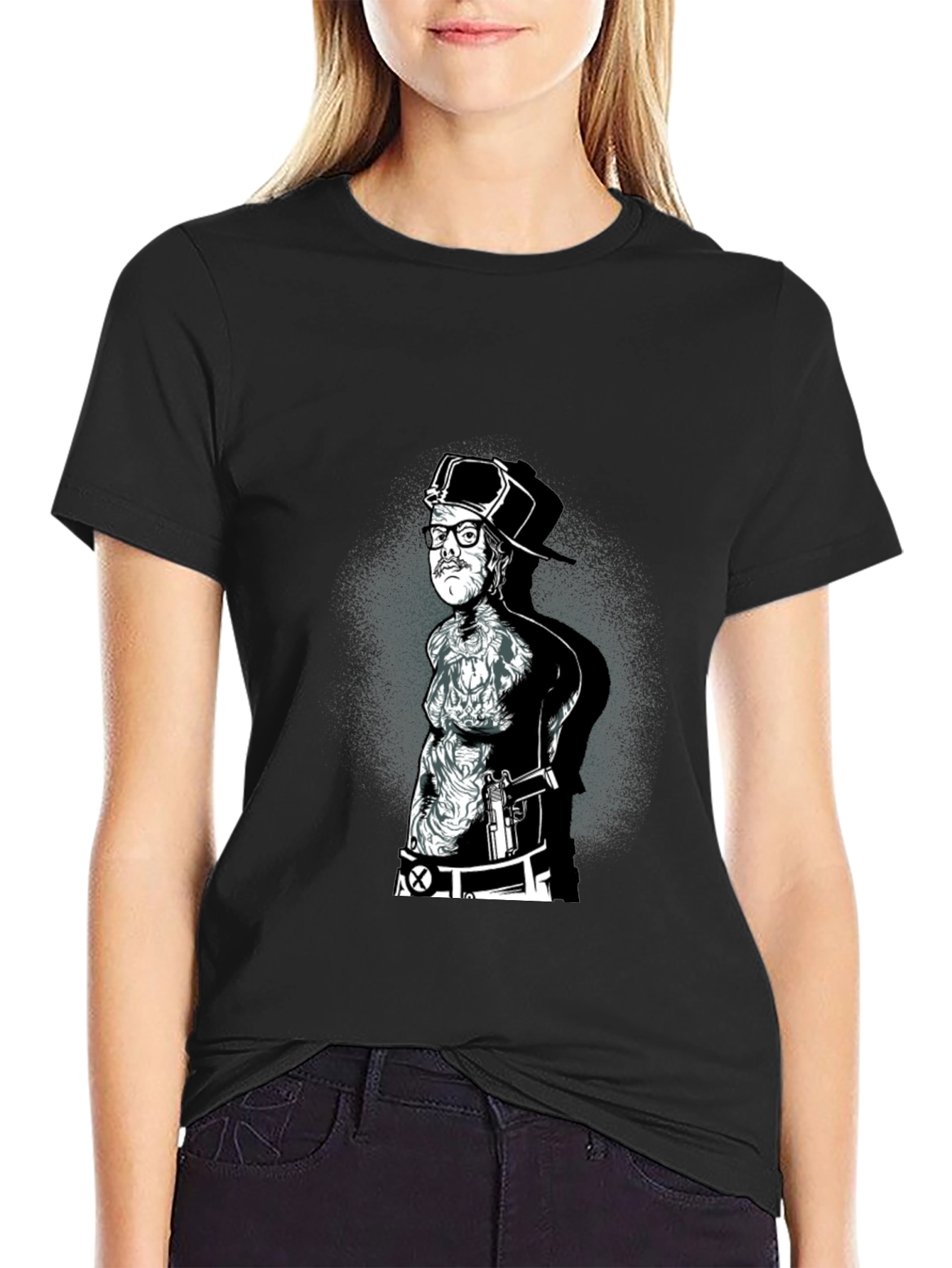 Black Graphic Tee - Tattooed Man with Gun