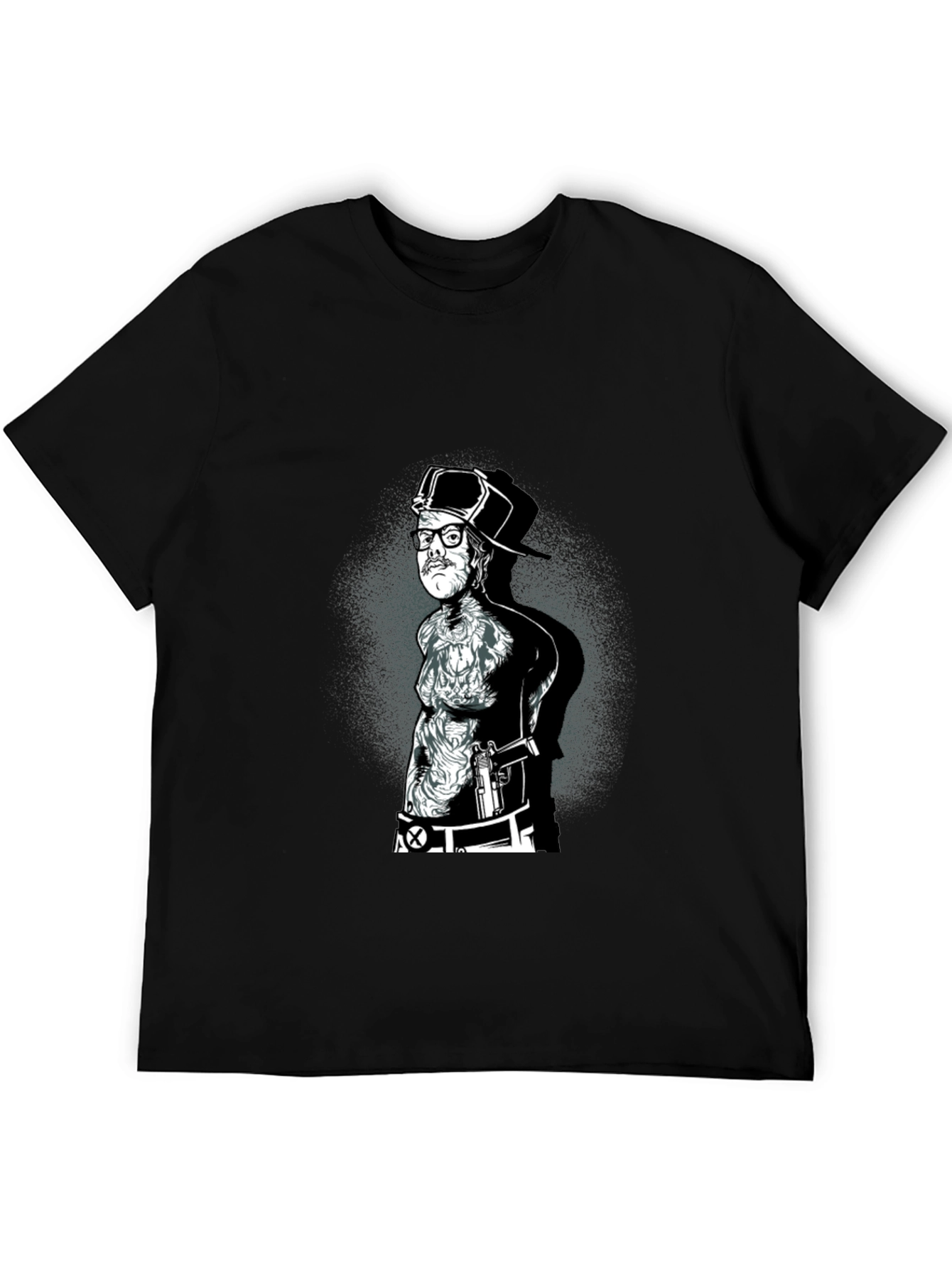 Black Graphic Tee - Tattooed Man with Gun