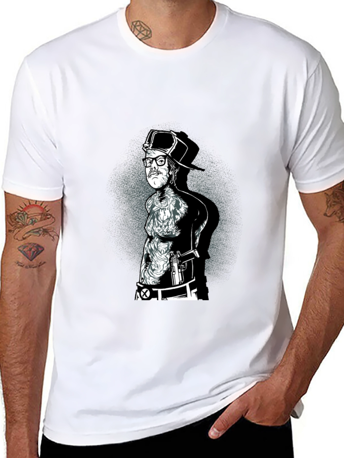 Black Graphic Tee - Tattooed Man with Gun