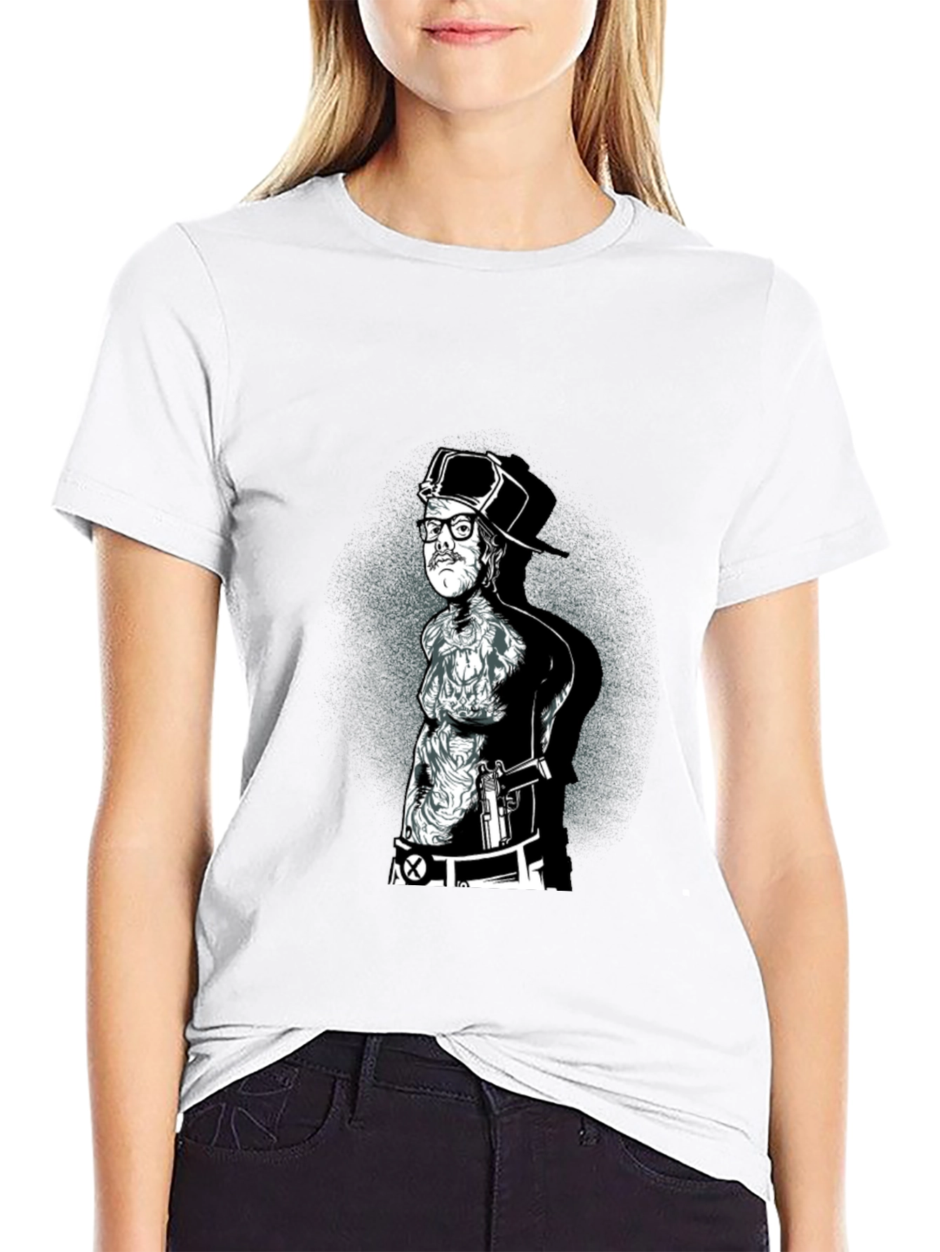 Black Graphic Tee - Tattooed Man with Gun