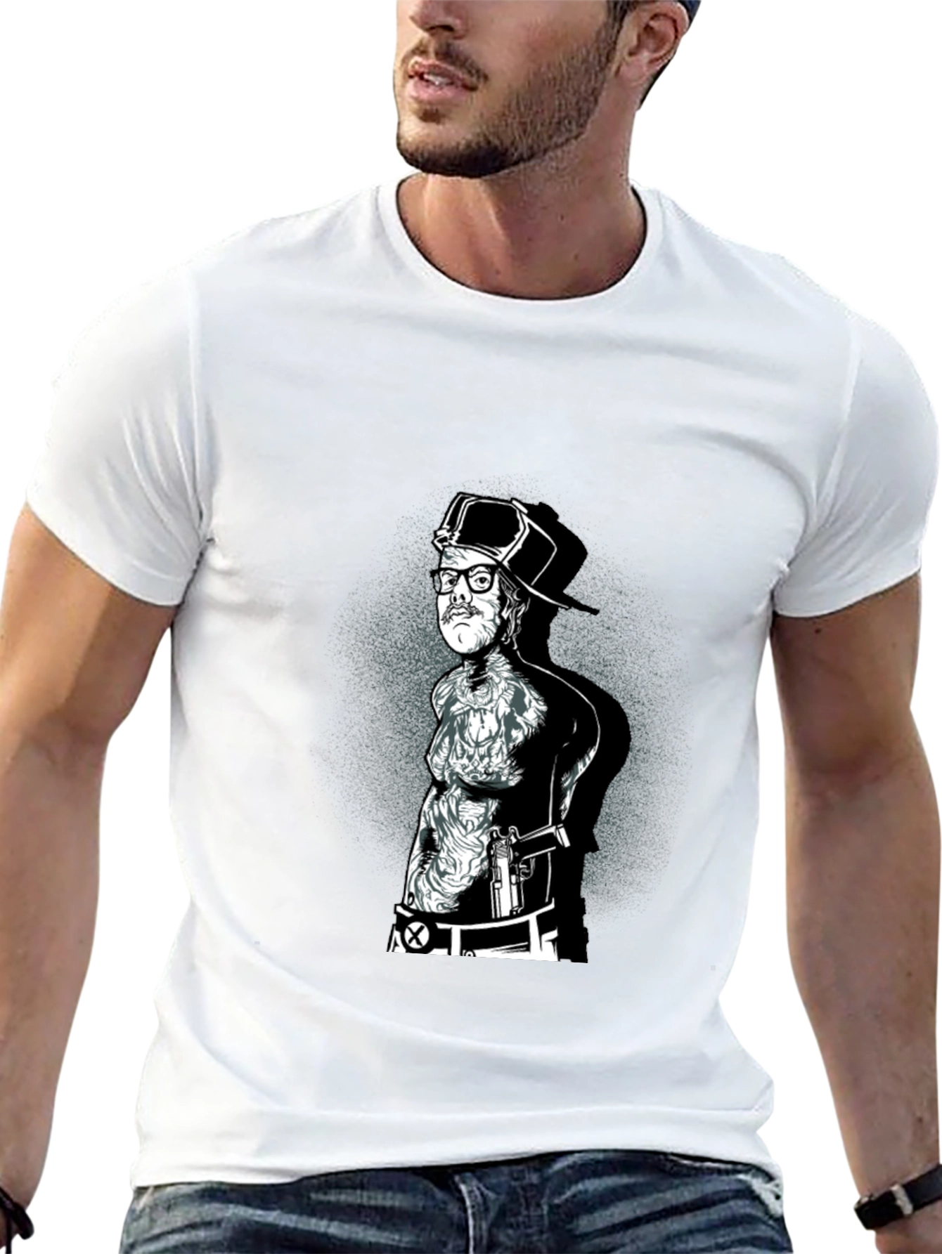 Black Graphic Tee - Tattooed Man with Gun