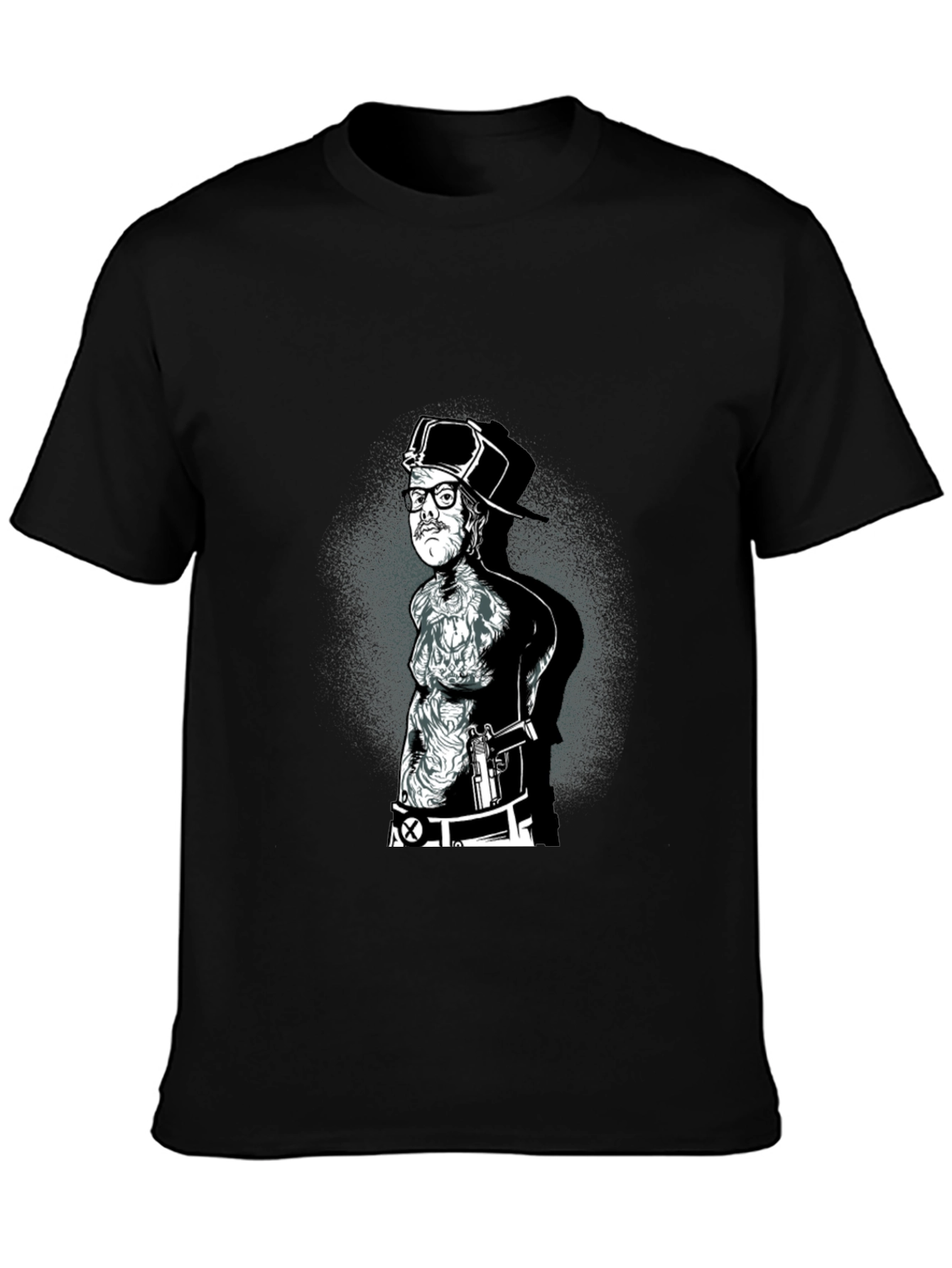 Black Graphic Tee - Tattooed Man with Gun