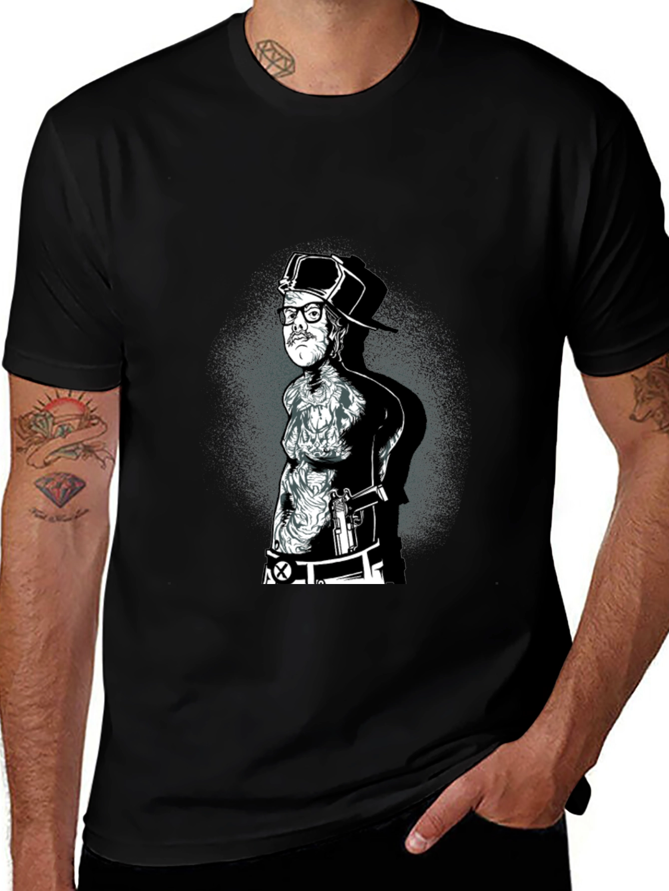 Black Graphic Tee - Tattooed Man with Gun