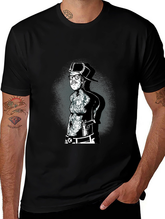 Black Graphic Tee - Tattooed Man with Gun