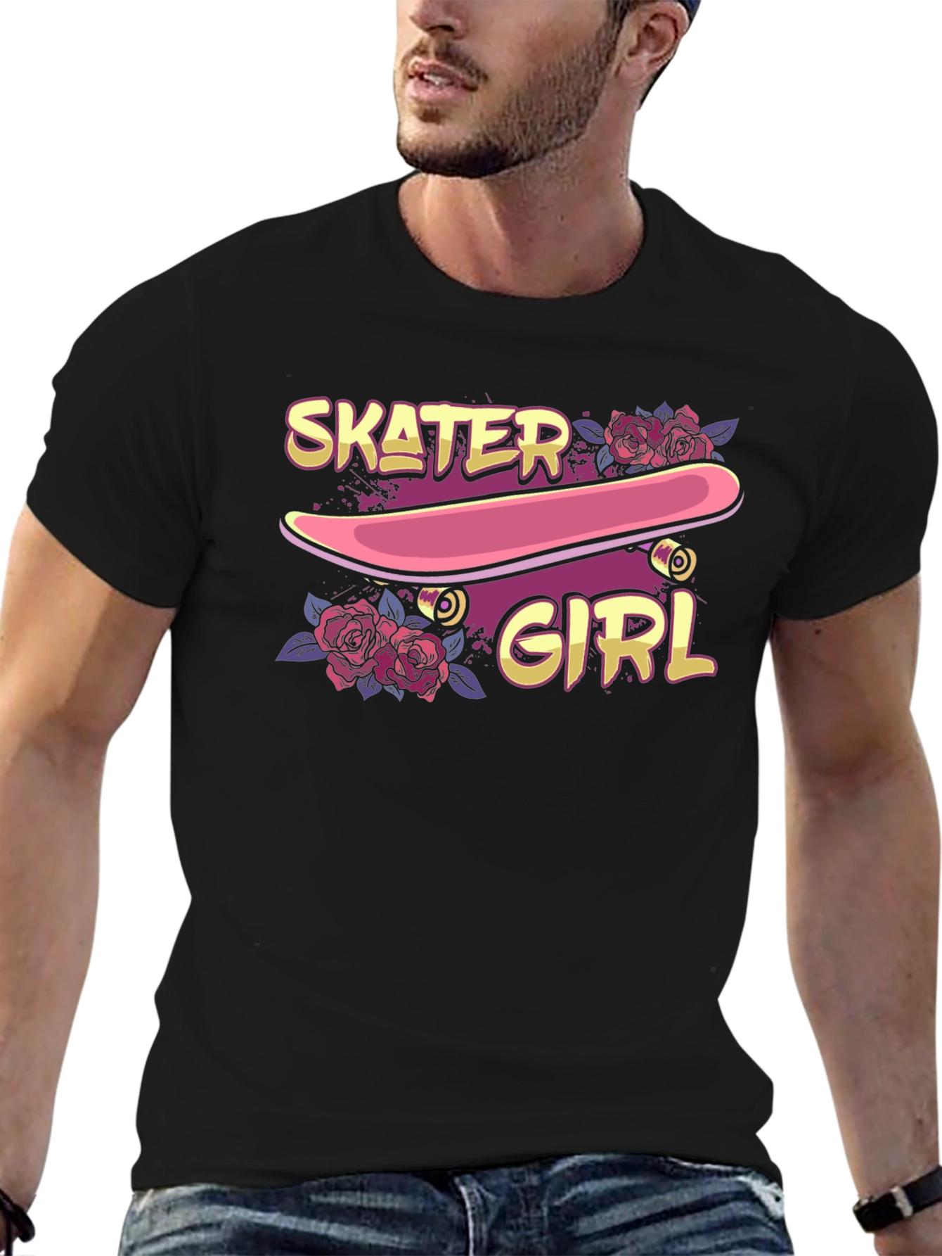 Skater Girl Graphic T-Shirt - Black Crew Neck Tee
