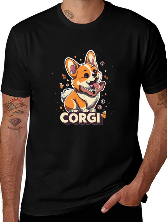 Corgi Dog Cartoon Graphic Print Mens Black T-Shirt