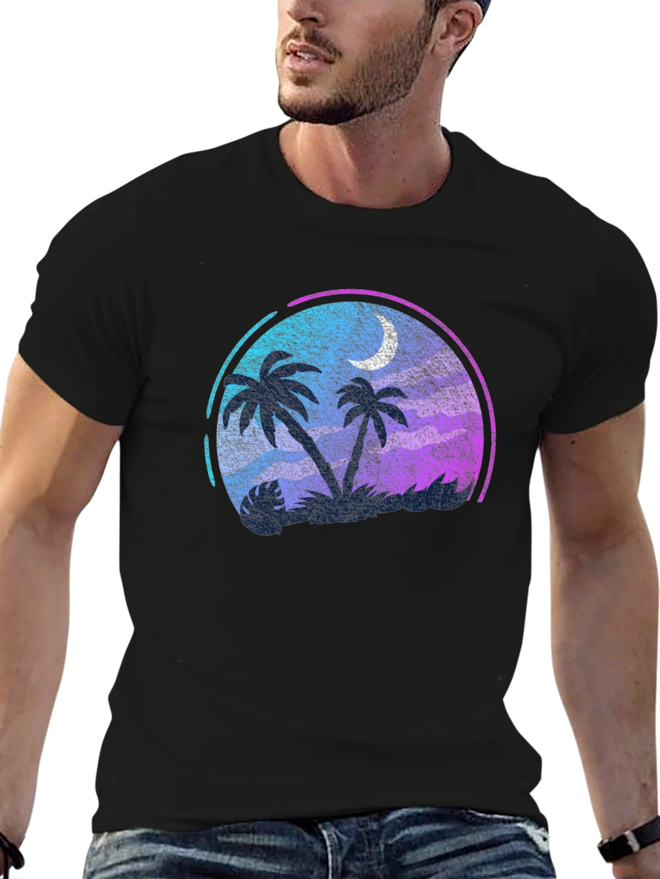 Tropical Palm Tree Moon Graphic Black T-Shirt