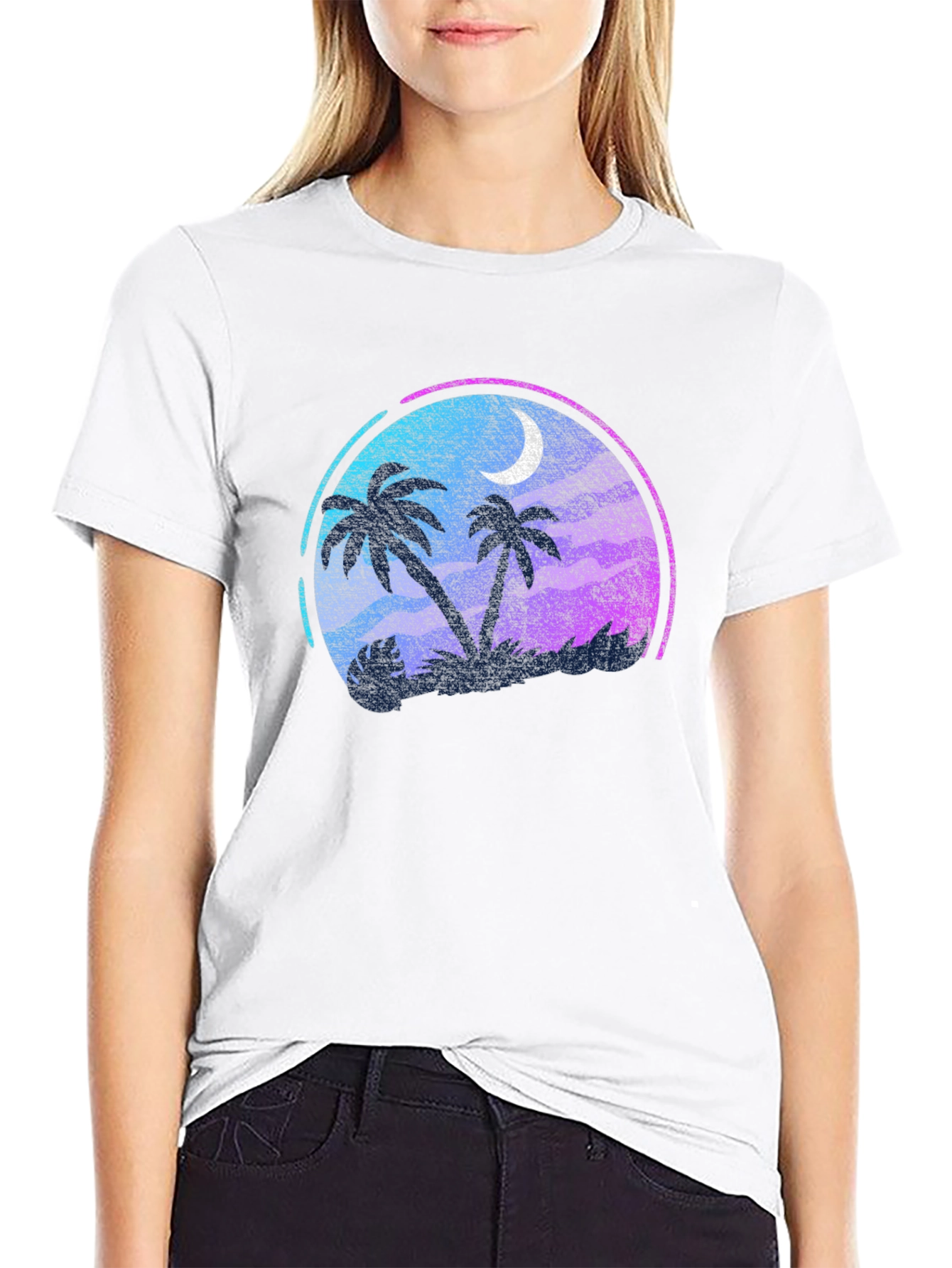 Tropical Palm Tree Moon Graphic Black T-Shirt