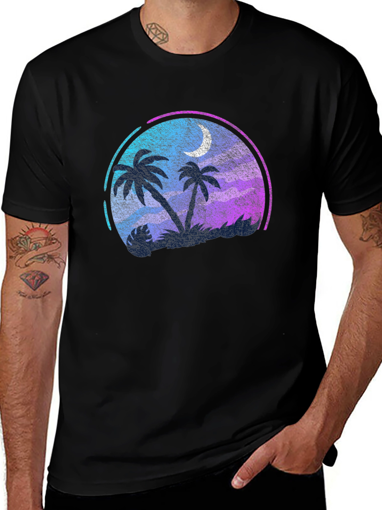Tropical Palm Tree Moon Graphic Black T-Shirt