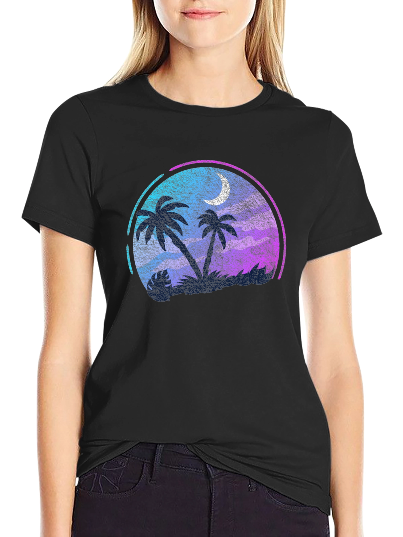 Tropical Palm Tree Moon Graphic Black T-Shirt