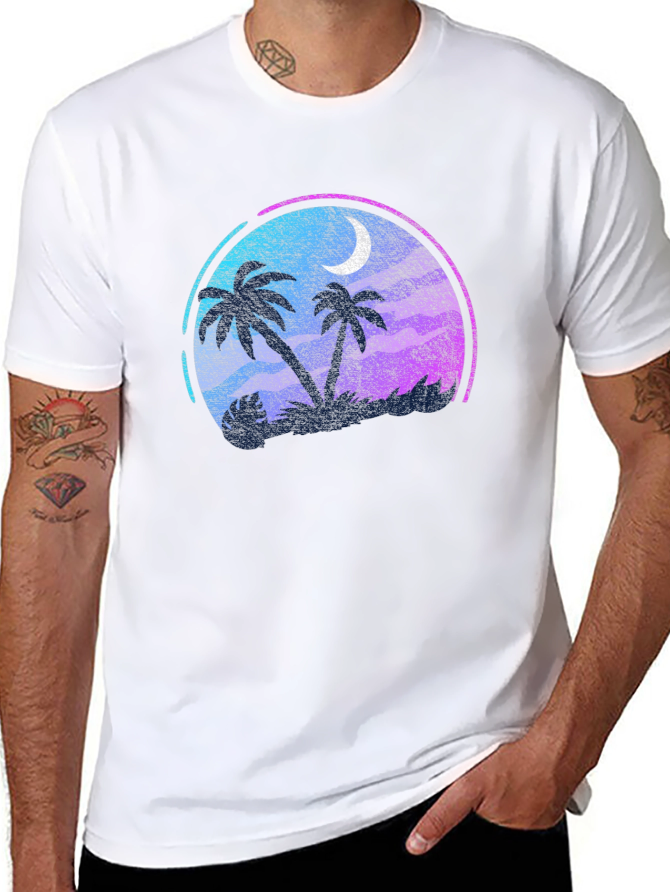Tropical Palm Tree Moon Graphic Black T-Shirt