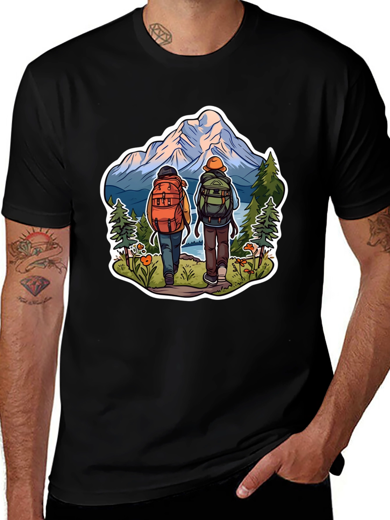 Hiking Adventure Graphic Tee - Mountain & Backpack Design