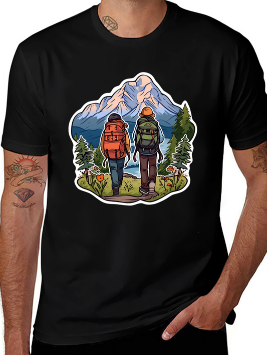 Hiking Adventure Graphic Tee - Mountain & Backpack Design