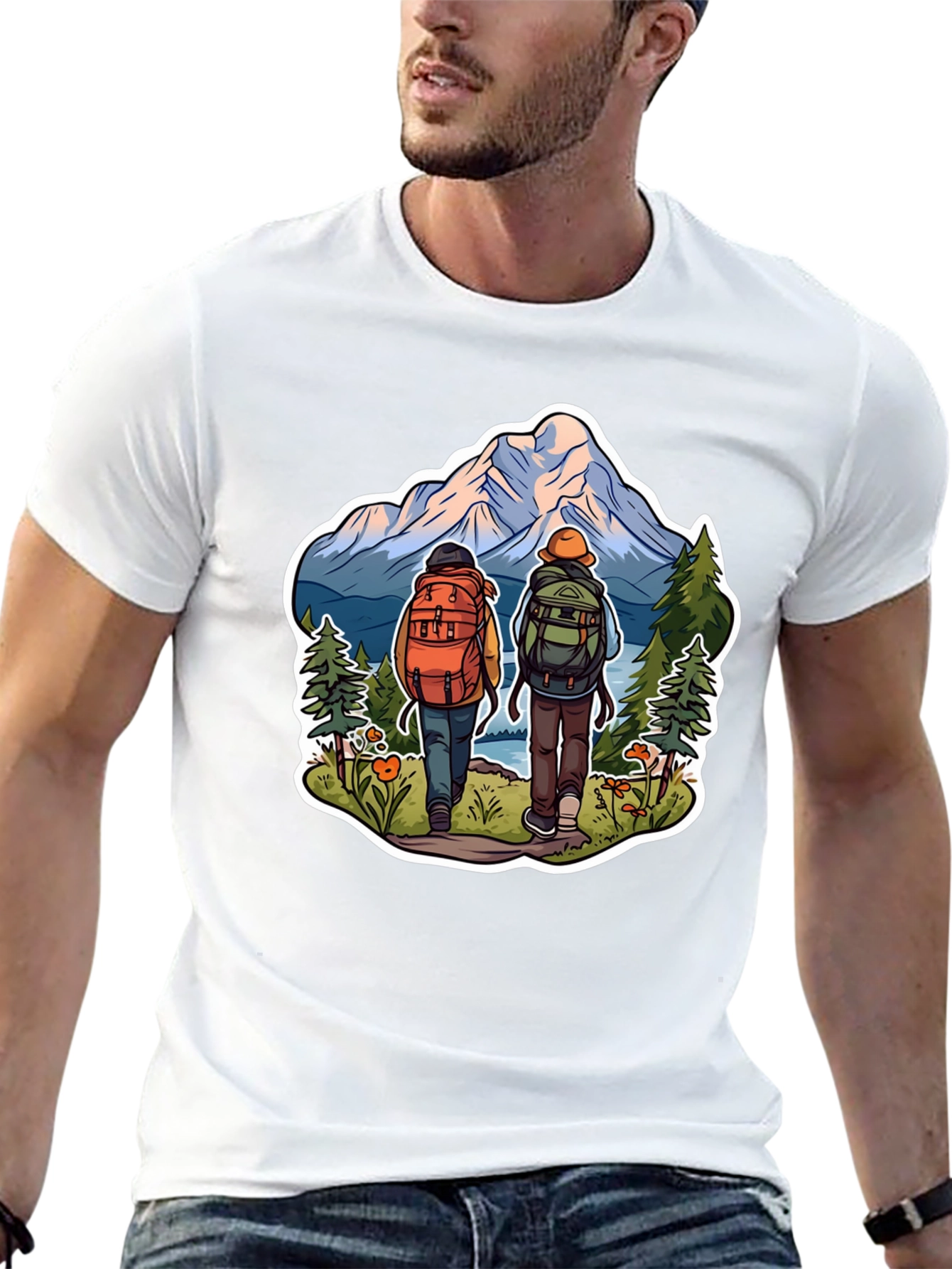 Hiking Adventure Graphic Tee - Mountain & Backpack Design