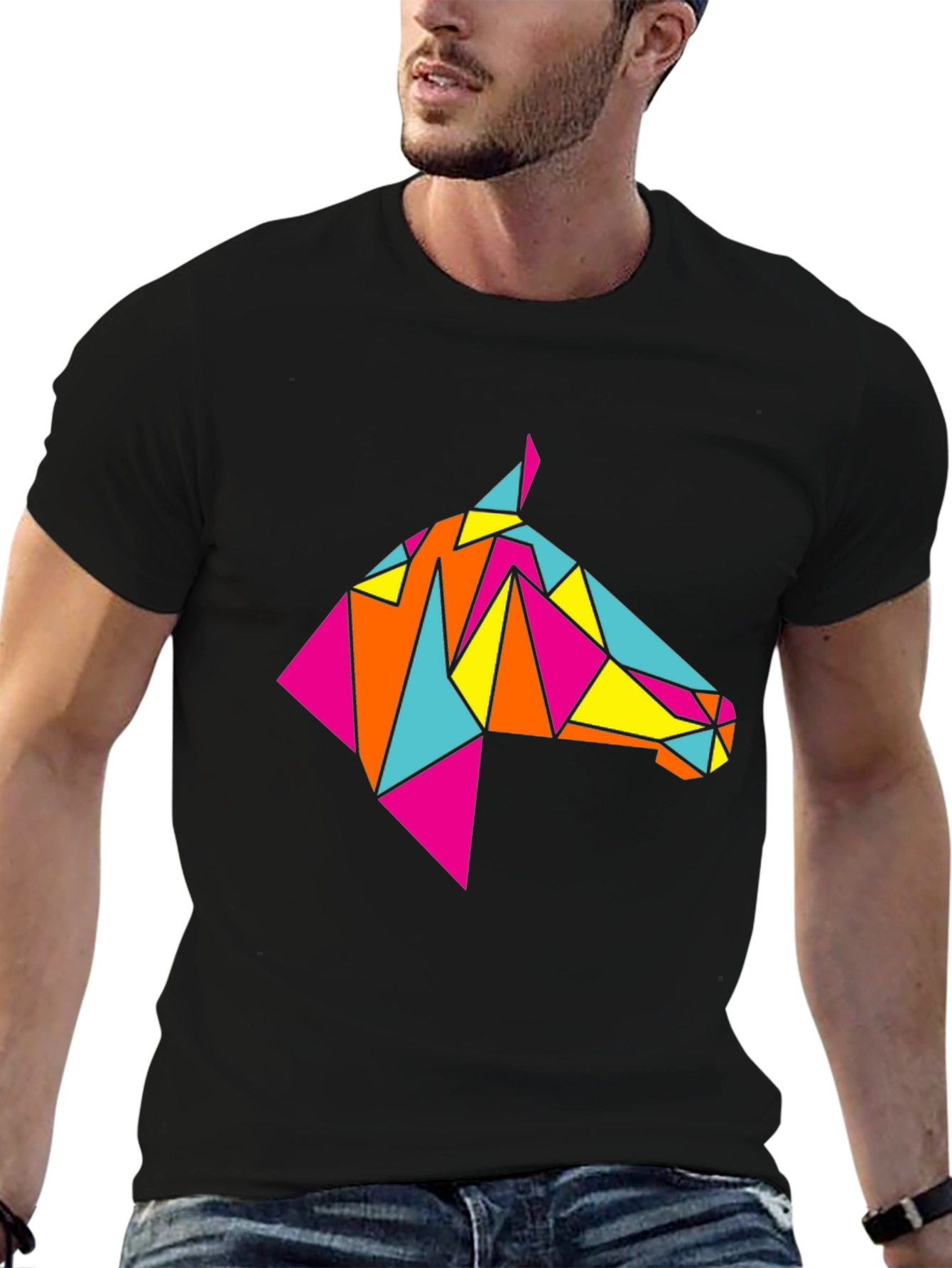 Geometric Horse Tee - Stylish Black Graphic T-Shirt