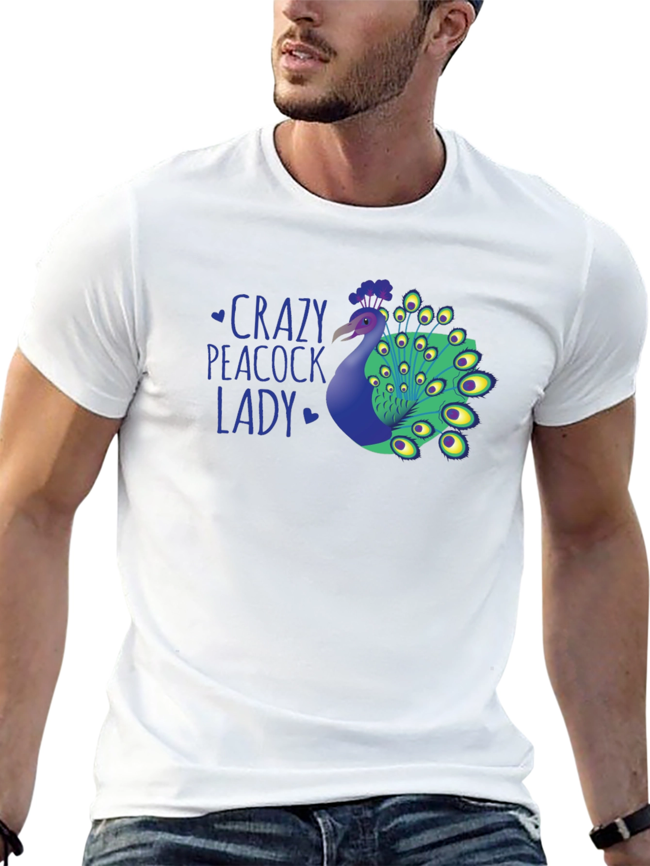 Crazy Peacock Lady Graphic T-Shirt - Fun Novelty Tee