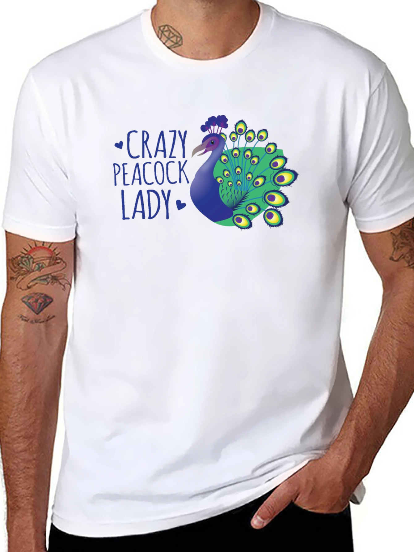 Crazy Peacock Lady Graphic T-Shirt - Fun Novelty Tee