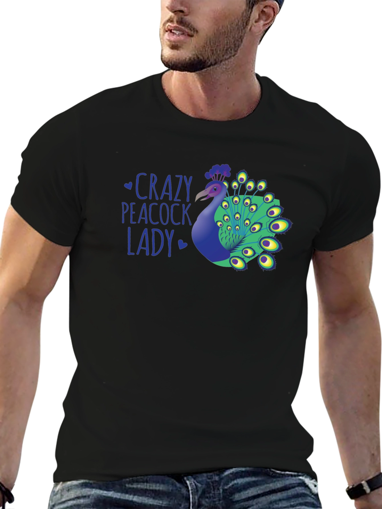 Crazy Peacock Lady Graphic T-Shirt - Fun Novelty Tee
