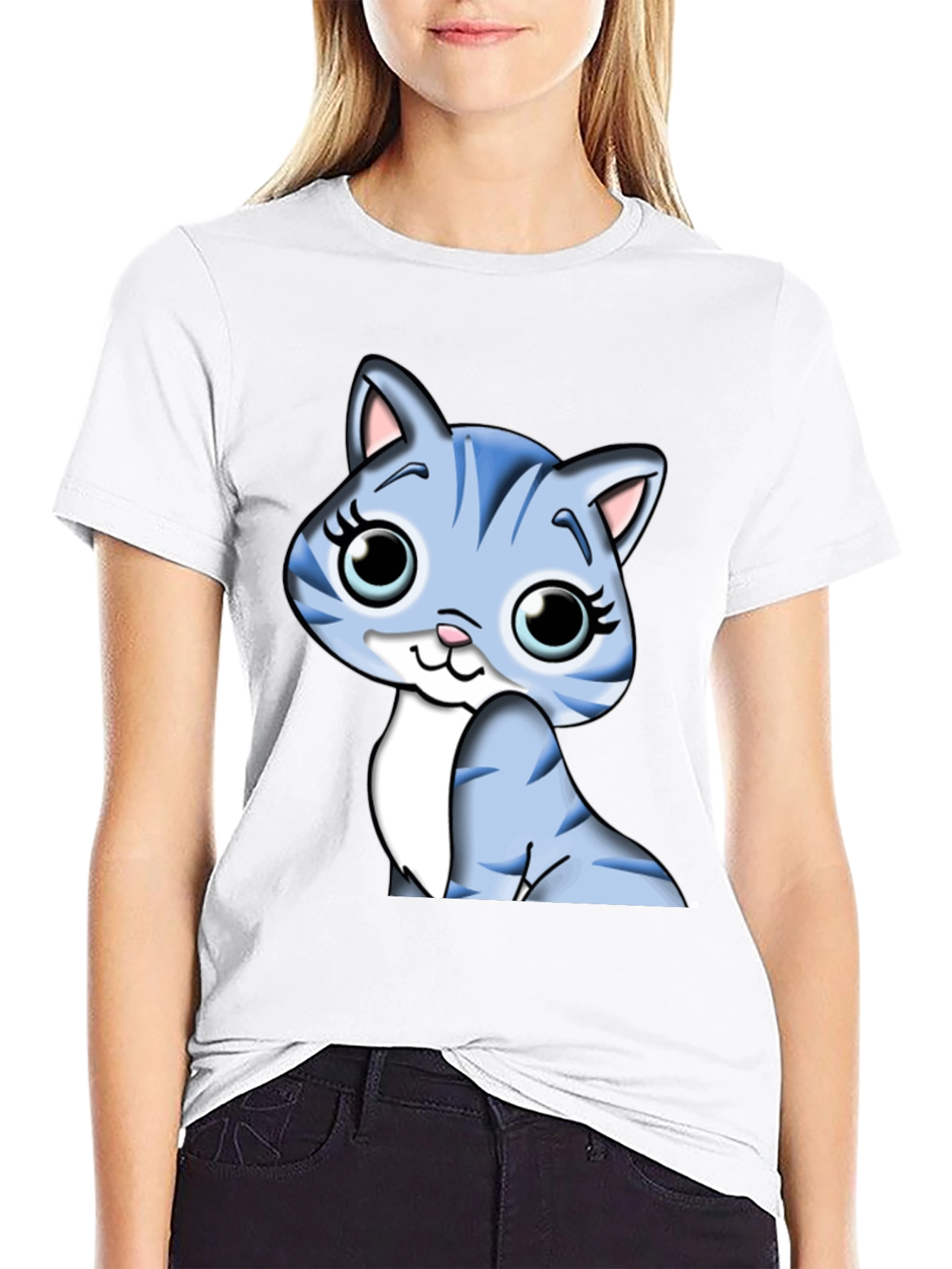 Cute Cartoon Cat Graphic Tee - Black