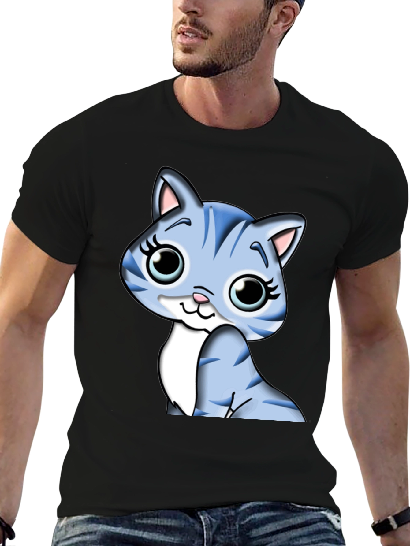 Cute Cartoon Cat Graphic Tee - Black