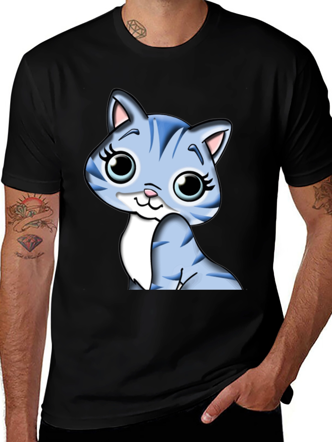 Cute Cartoon Cat Graphic Tee - Black