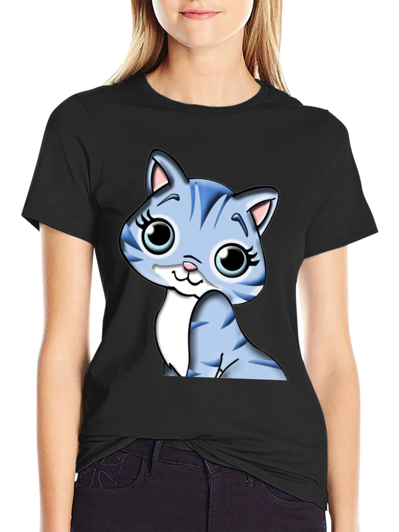 Cute Cartoon Cat Graphic Tee - Black