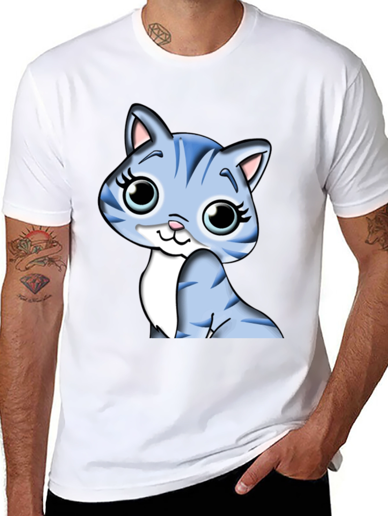 Cute Cartoon Cat Graphic Tee - Black