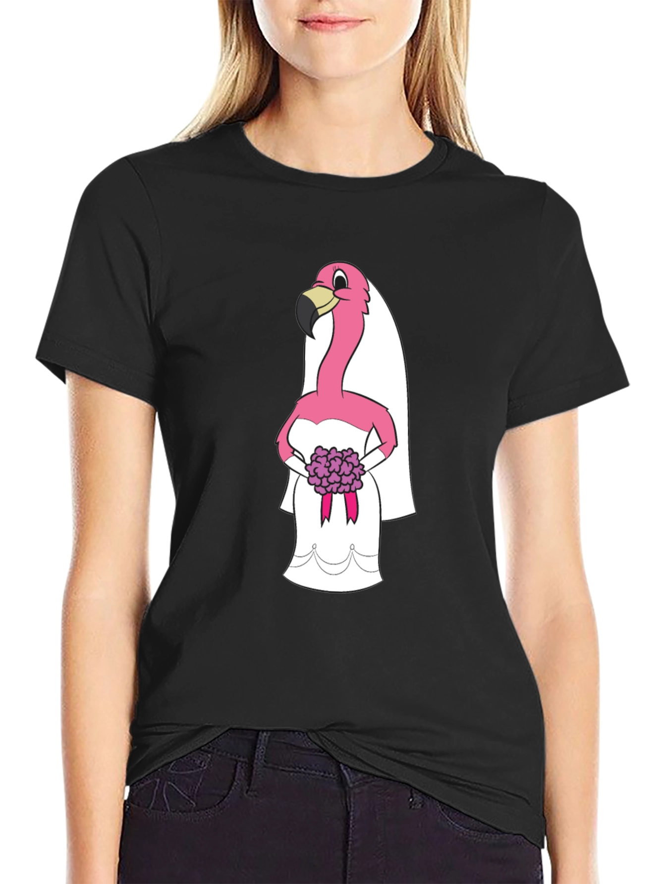 Black T-Shirt with Flamingo Bride Graphic
