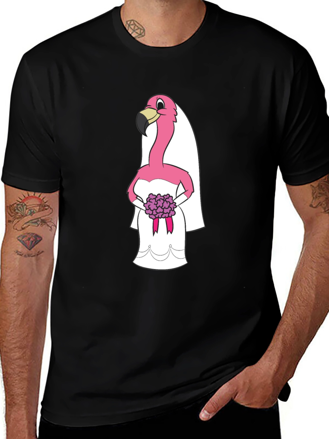 Black T-Shirt with Flamingo Bride Graphic