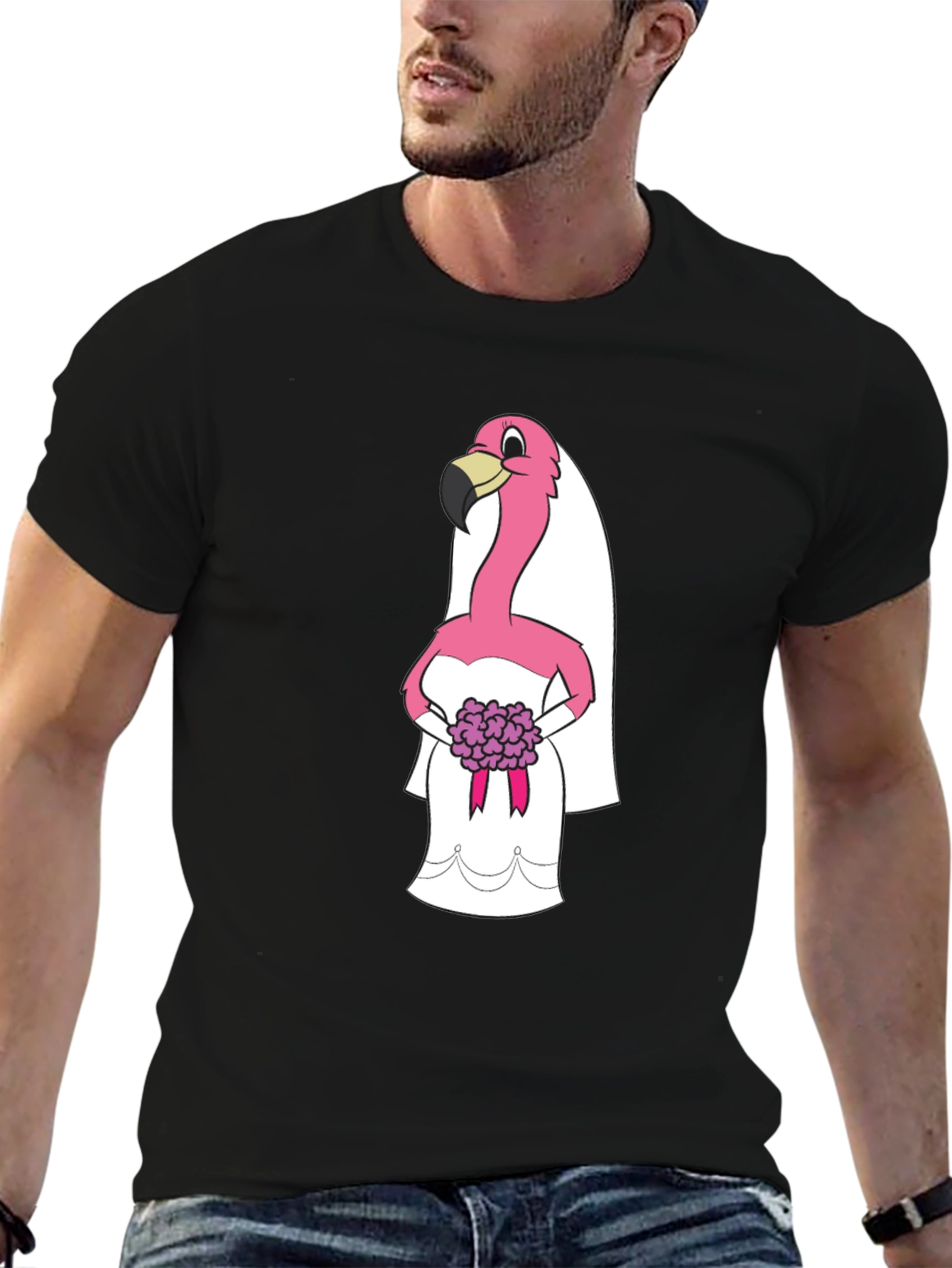 Black T-Shirt with Flamingo Bride Graphic