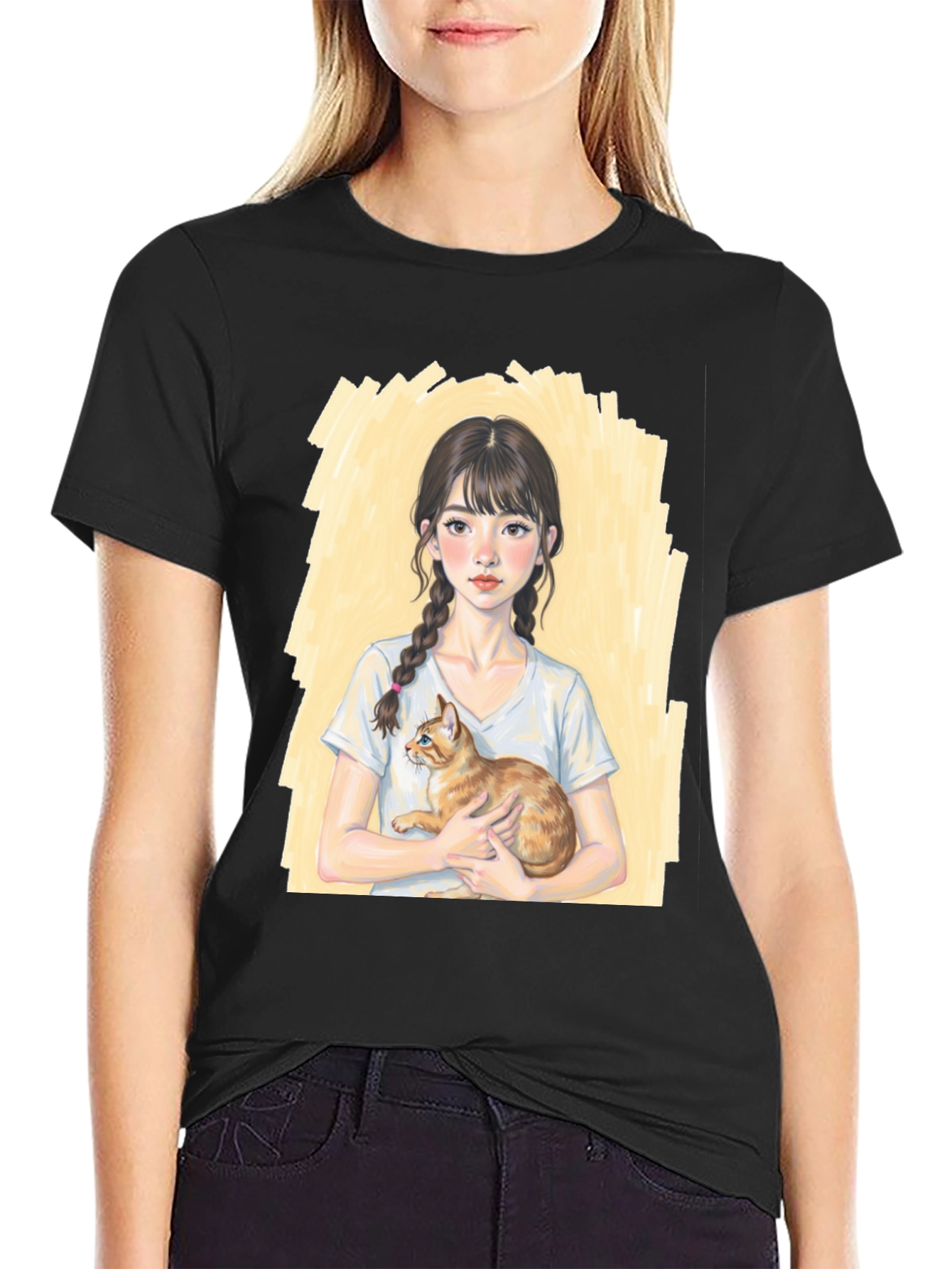 Girl with Cat T-Shirt - Cute Graphic Tee