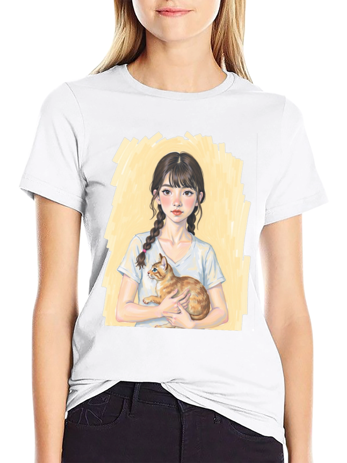 Girl with Cat T-Shirt - Cute Graphic Tee
