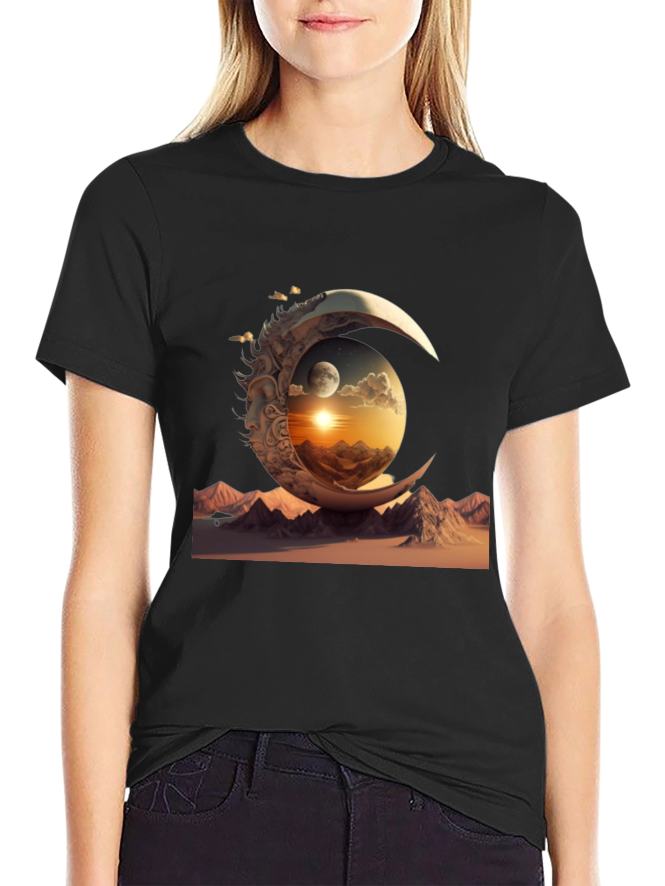 Celestial Moonscape Graphic Tee - Black Cotton Shirt