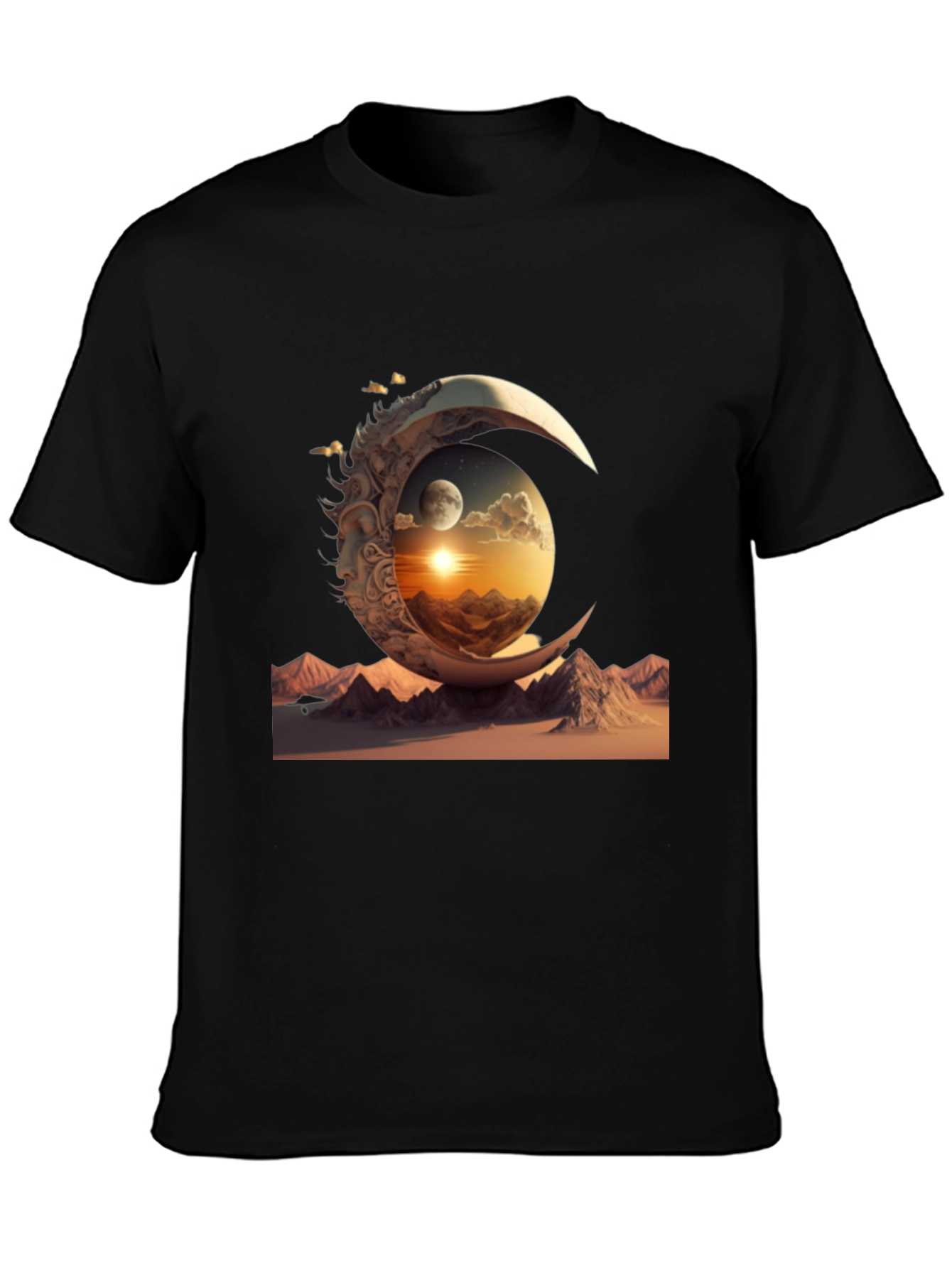 Celestial Moonscape Graphic Tee - Black Cotton Shirt