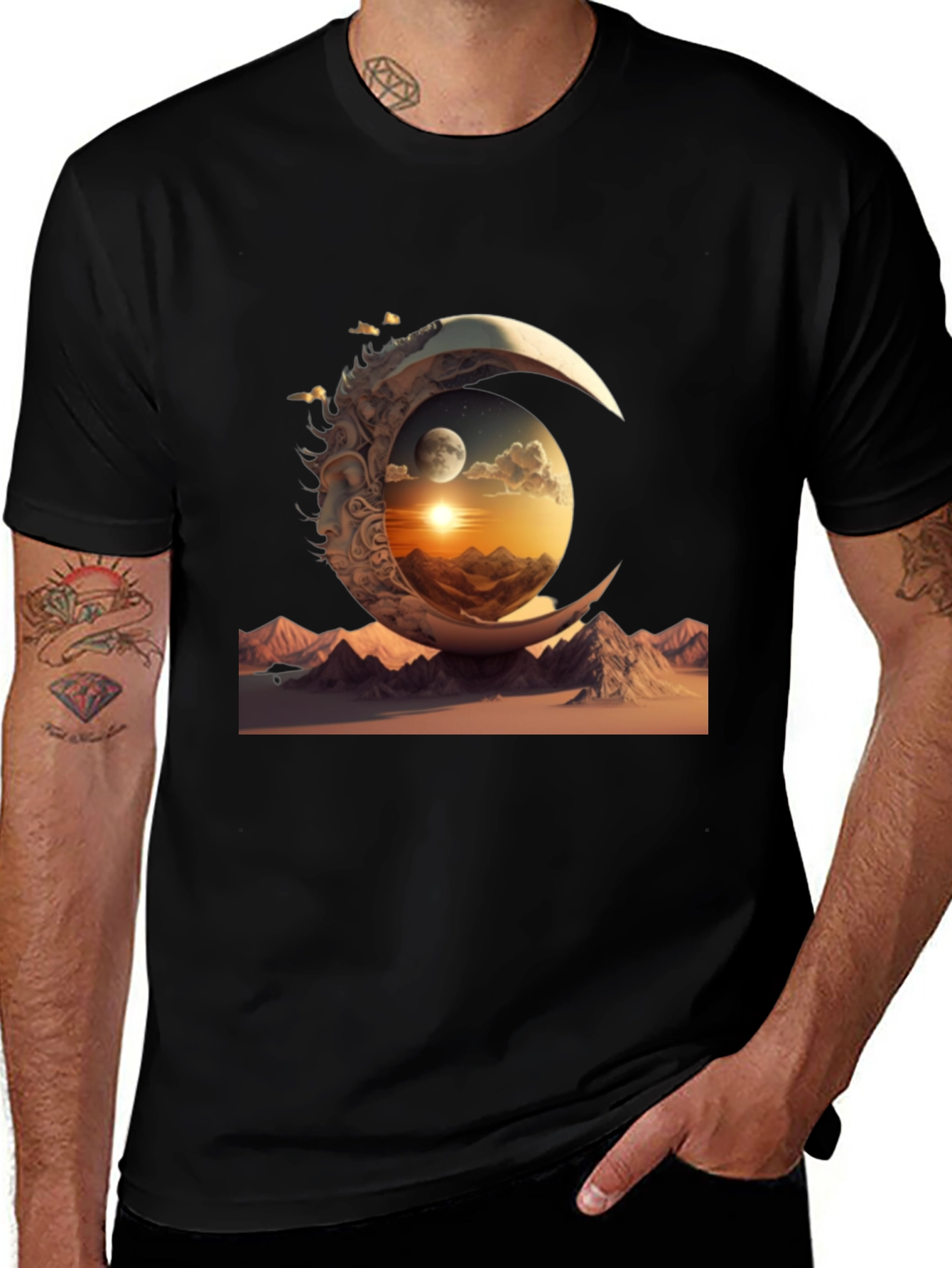 Celestial Moonscape Graphic Tee - Black Cotton Shirt