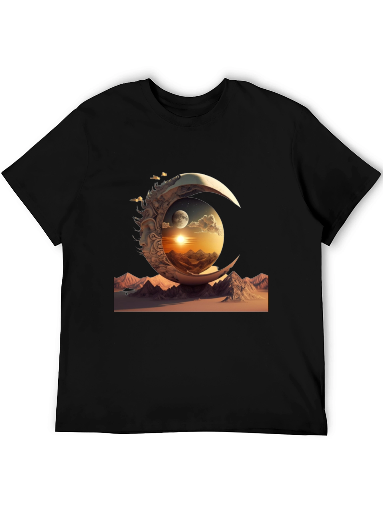 Celestial Moonscape Graphic Tee - Black Cotton Shirt