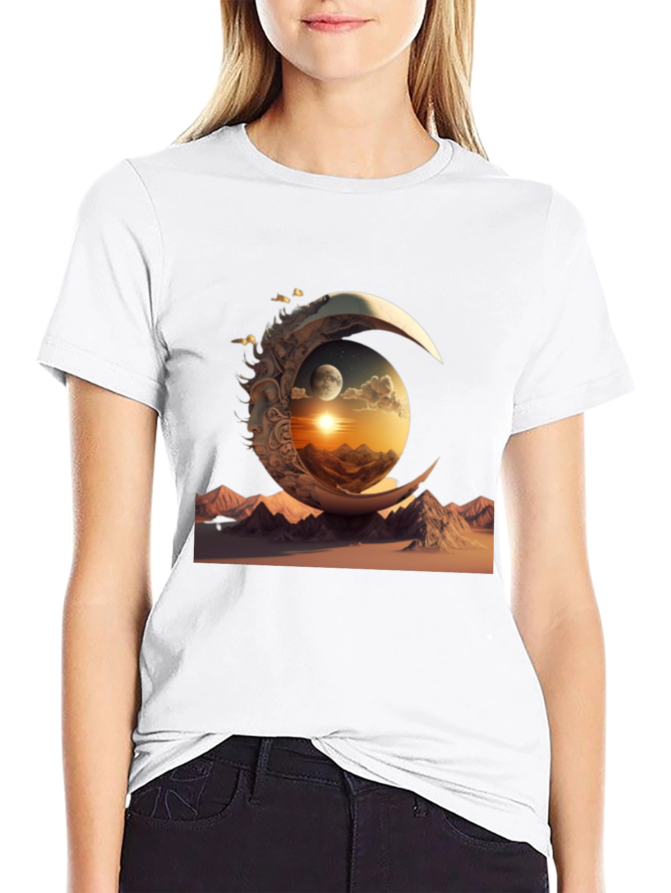 Celestial Moonscape Graphic Tee - Black Cotton Shirt