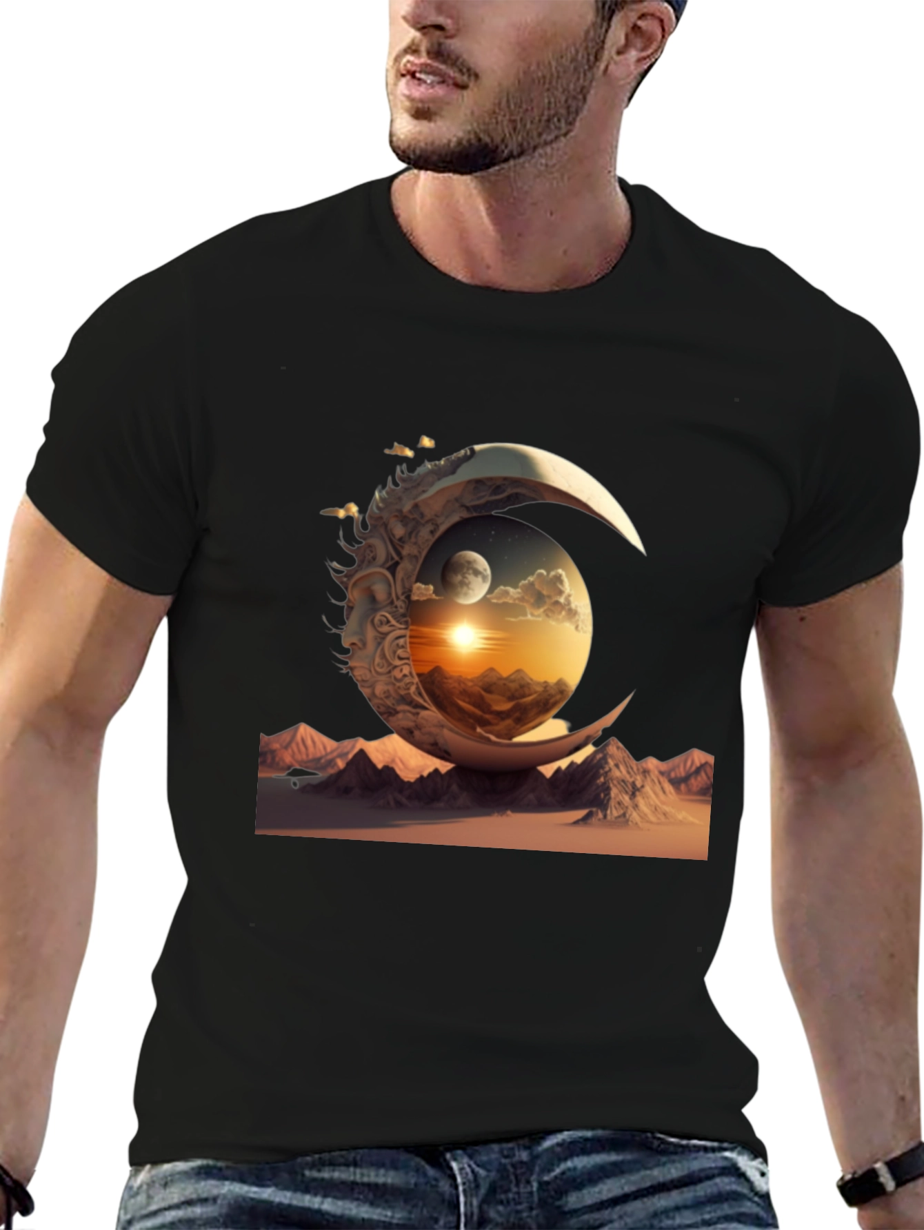 Celestial Moonscape Graphic Tee - Black Cotton Shirt