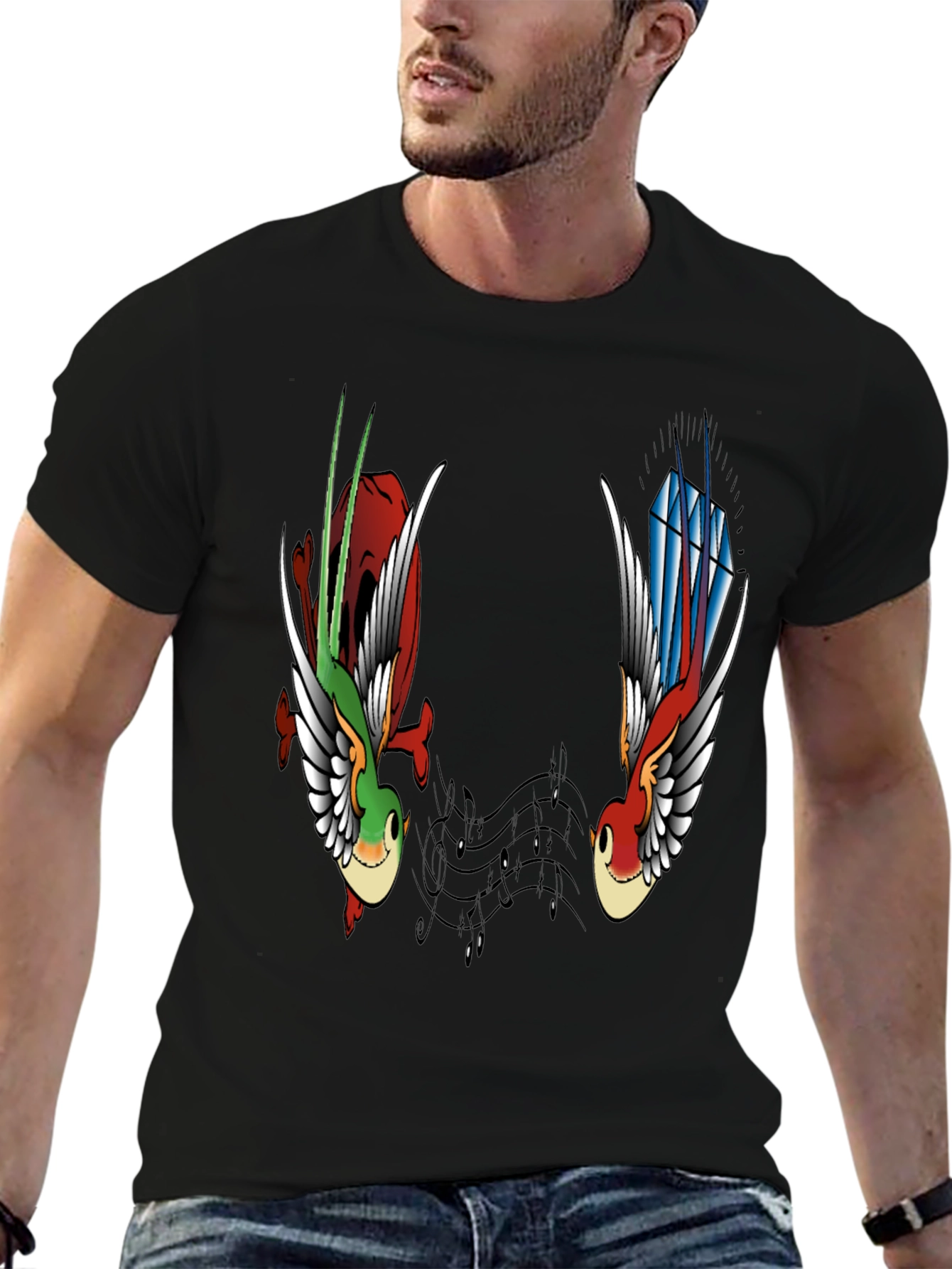 Music Birds Graphic Tee - Black Casual T-Shirt
