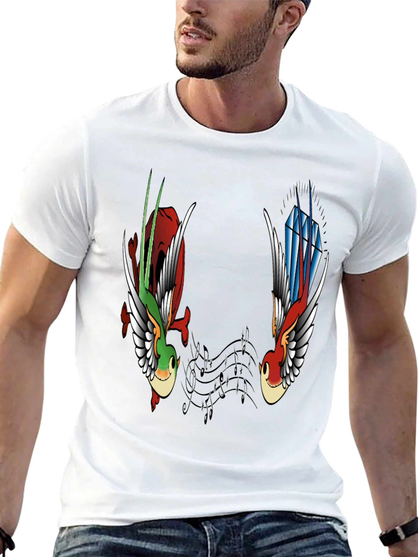 Music Birds Graphic Tee - Black Casual T-Shirt