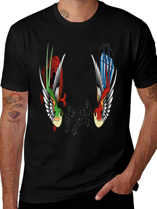 Music Birds Graphic Tee - Black Casual T-Shirt