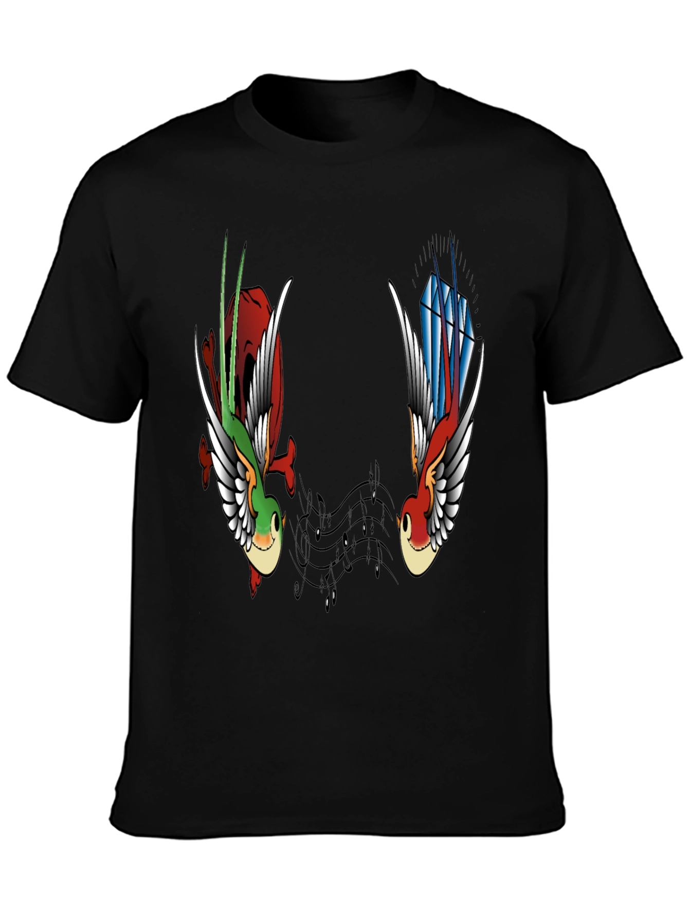 Music Birds Graphic Tee - Black Casual T-Shirt