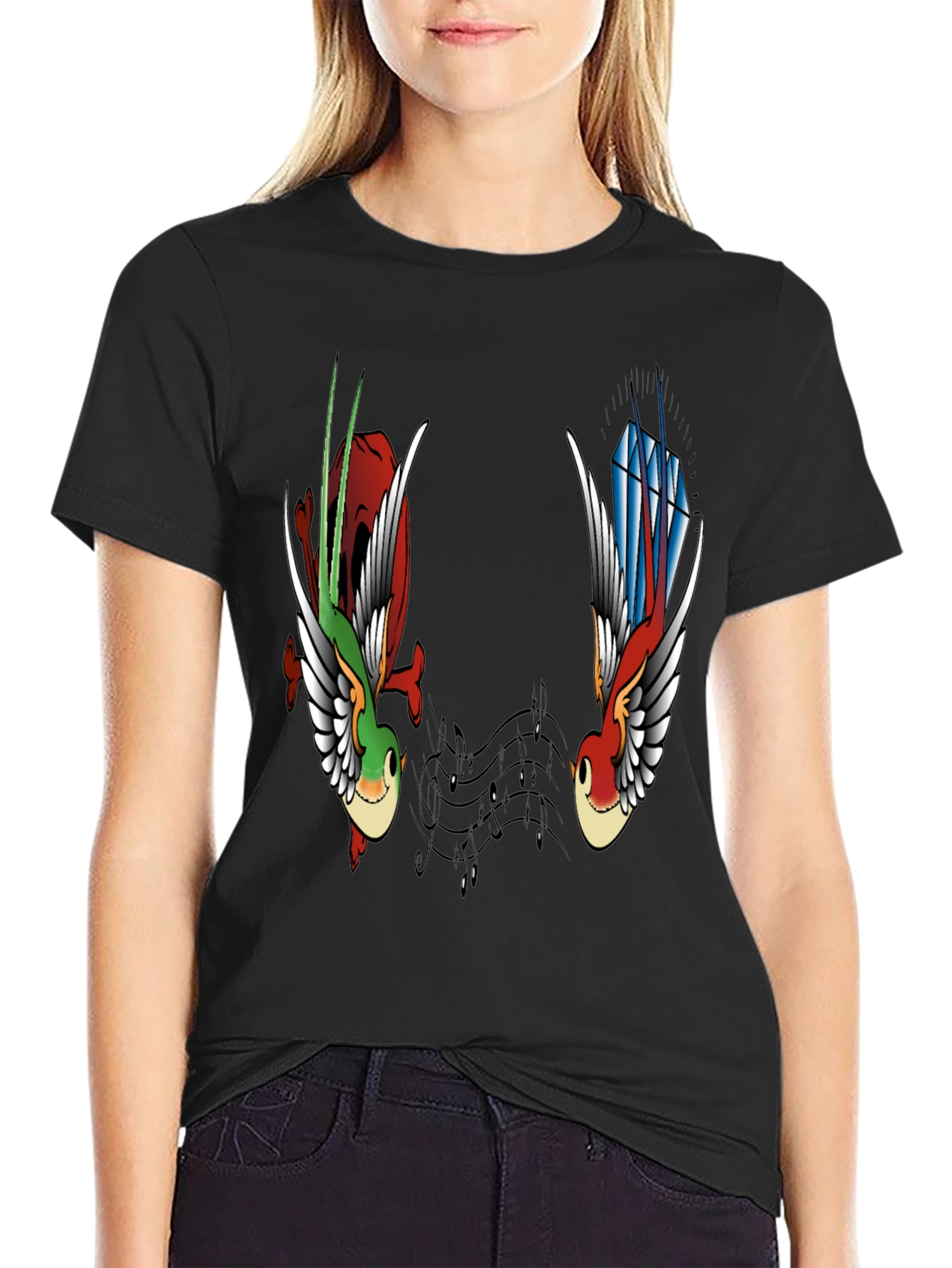 Music Birds Graphic Tee - Black Casual T-Shirt