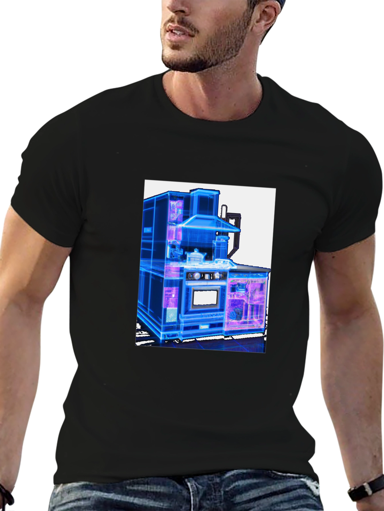 Futuristic Kitchen Graphic Tee - Cool Black T-Shirt