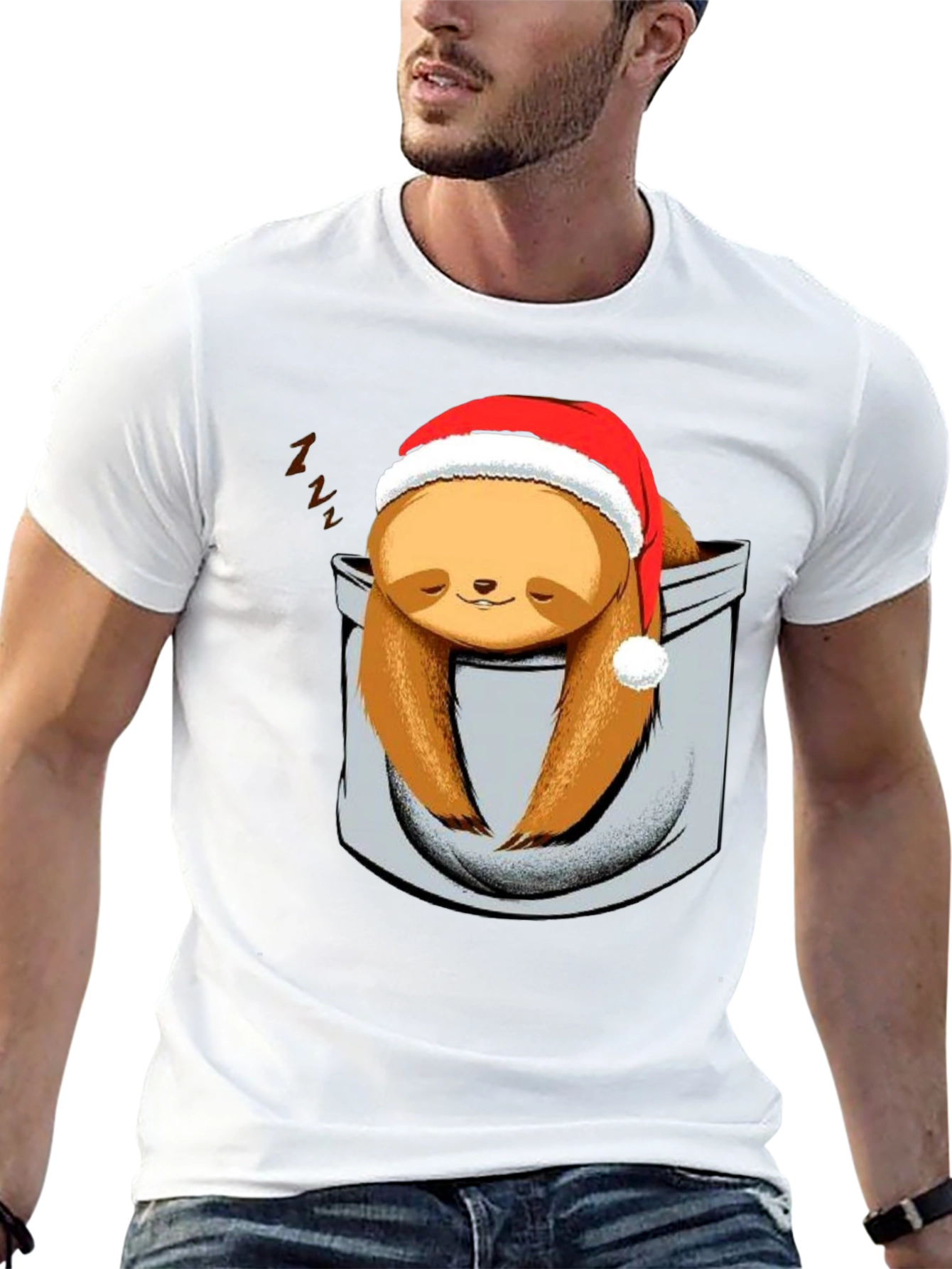 Sloth in Pocket Christmas T-Shirt - Holiday Gift