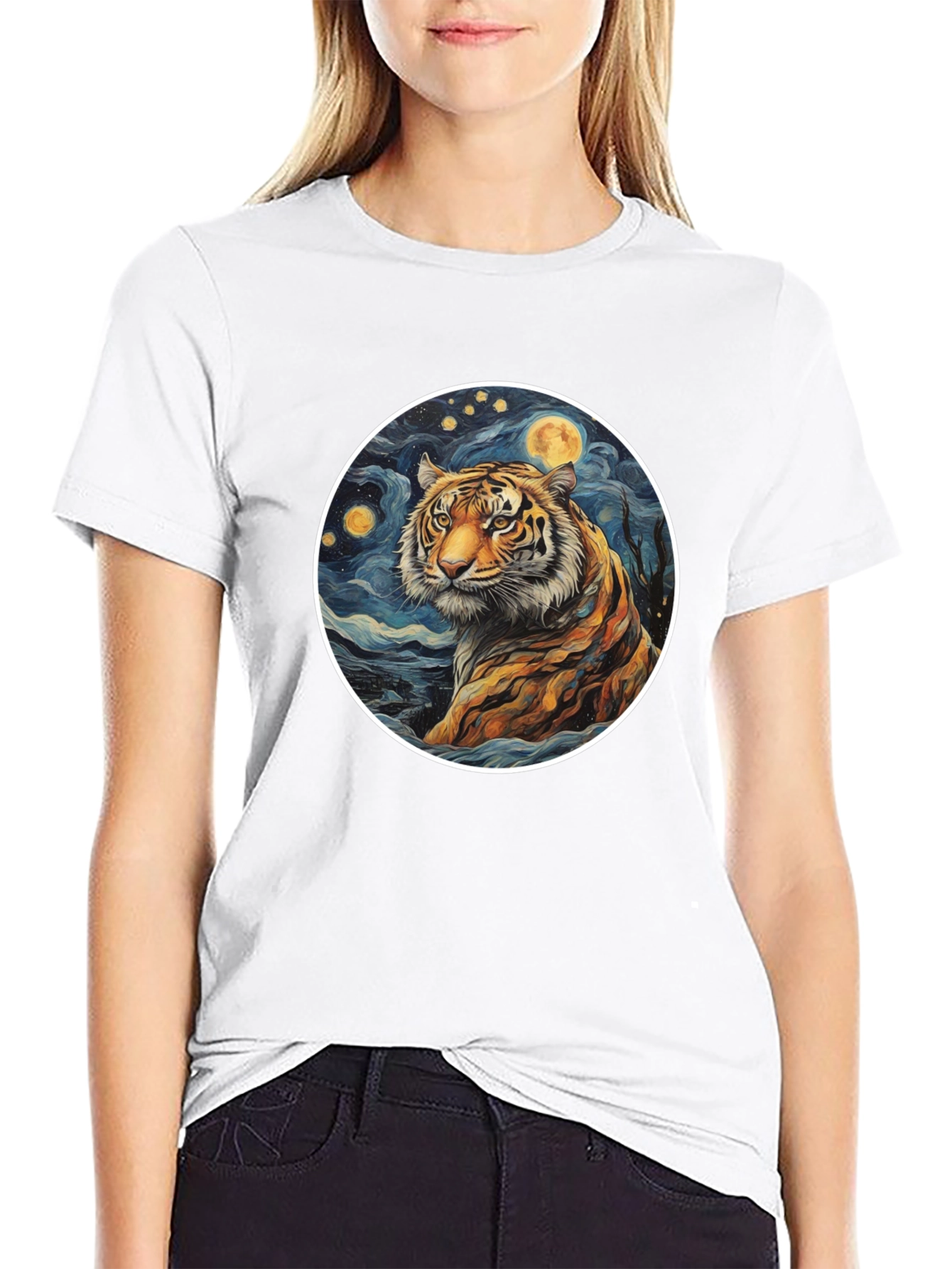 Tiger Moon Graphic Tee - Artistic Style