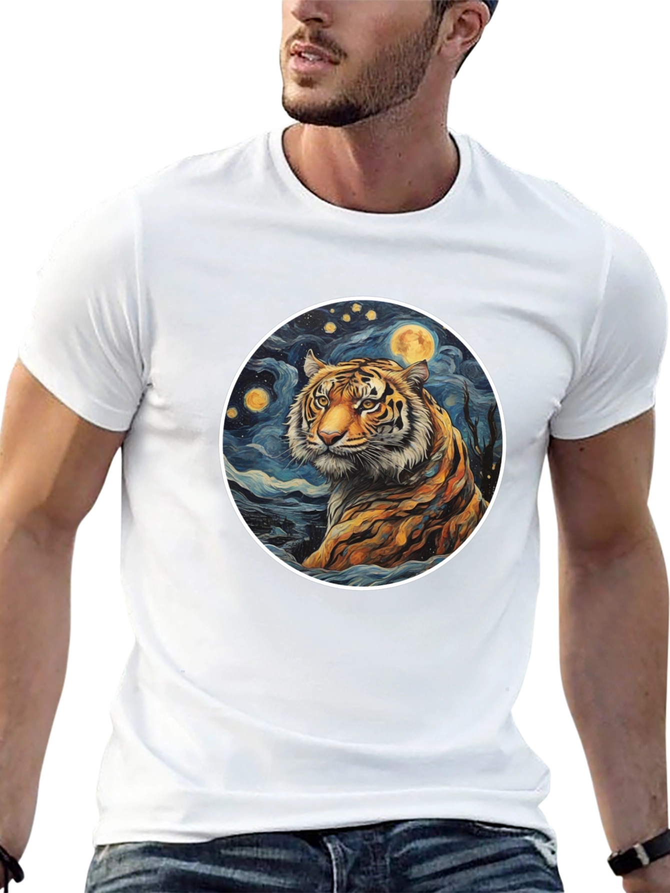 Tiger Moon Graphic Tee - Artistic Style