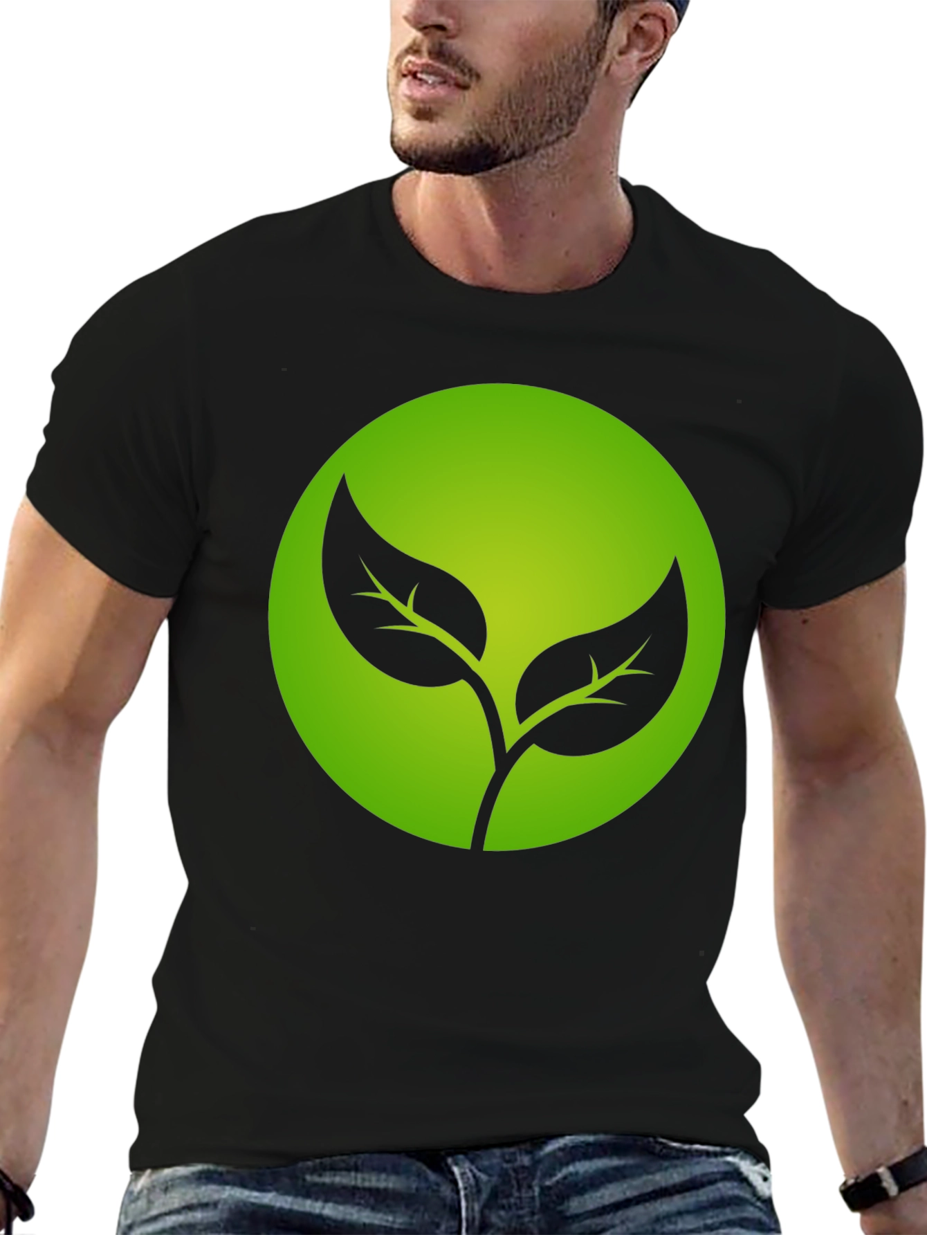 Eco-Friendly Black T-Shirt with Green Leaf Design