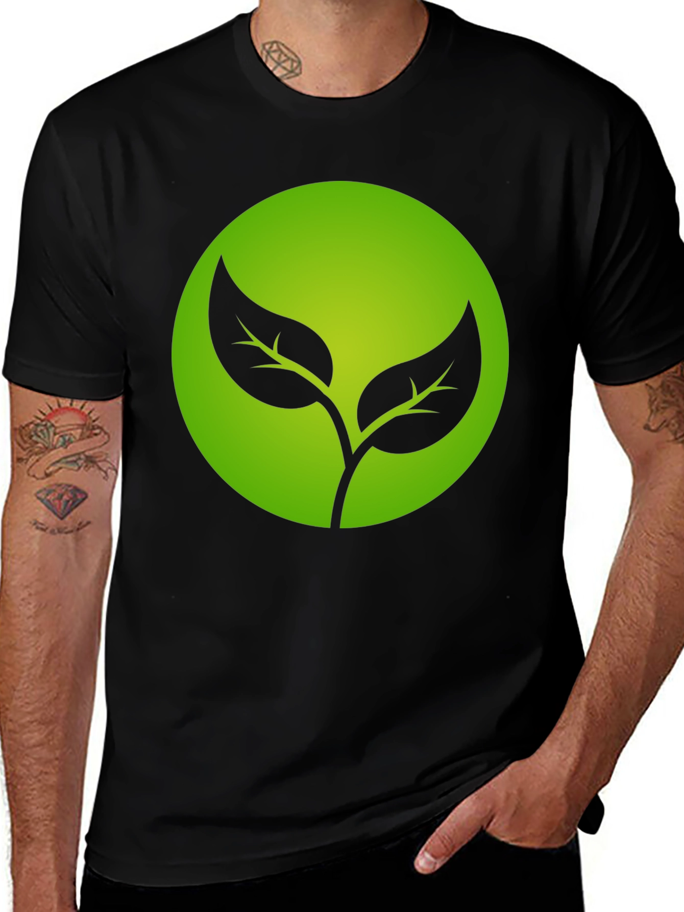 Eco-Friendly Black T-Shirt with Green Leaf Design
