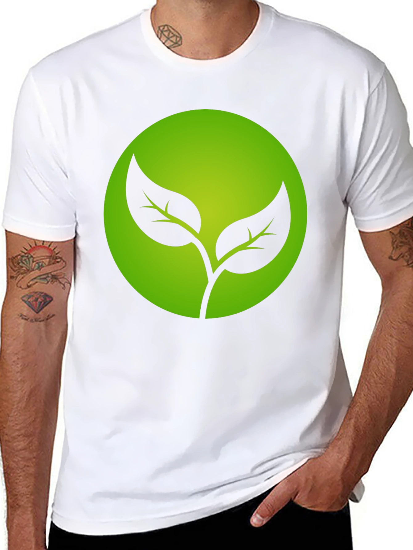 Eco-Friendly Black T-Shirt with Green Leaf Design